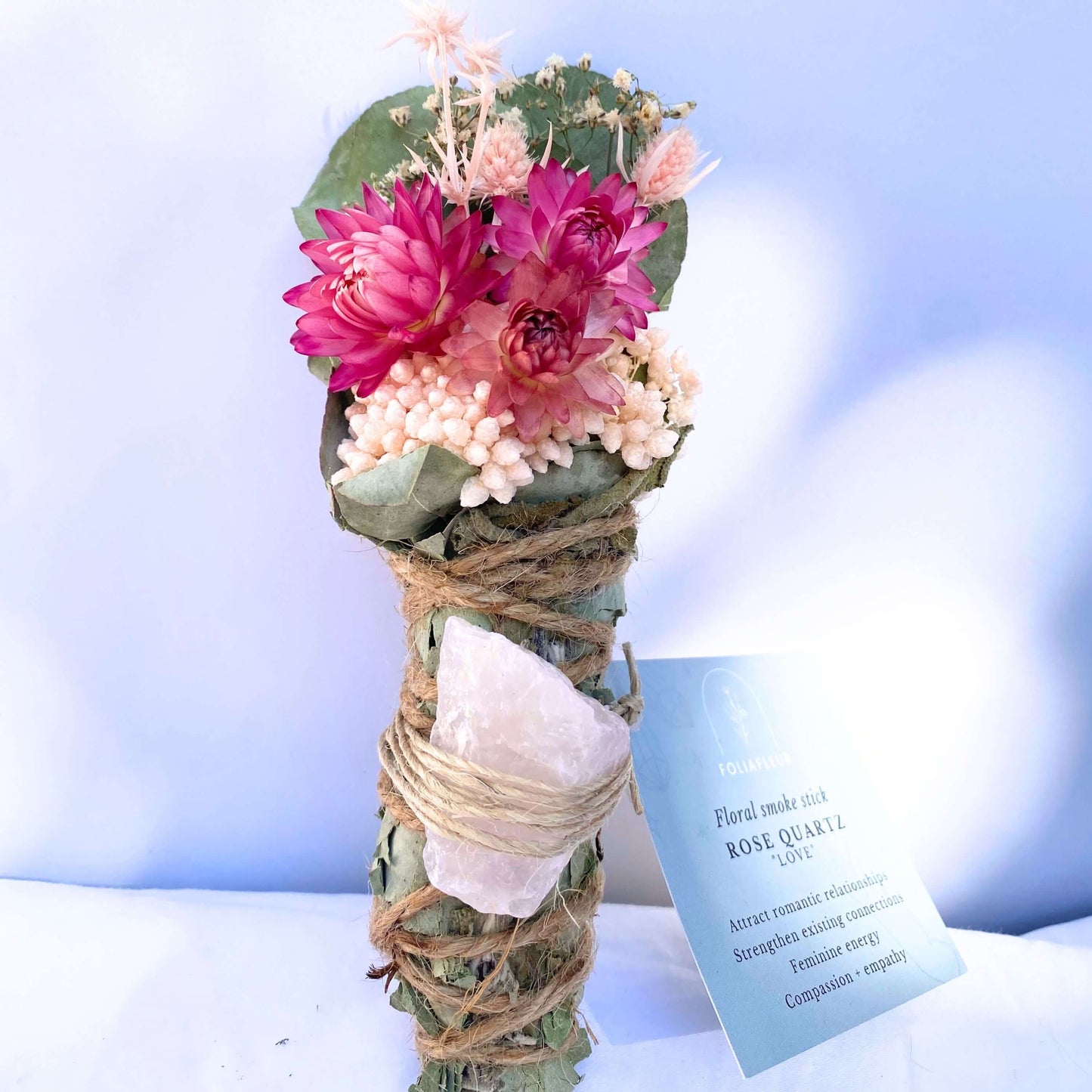 Rose Quartz Eucalyptus and Sage Smudge Stick | Love
